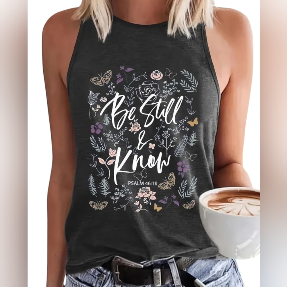 🆕 Women's Sleeveless Heathered Grey & Floral Inspirational Screen Print Top